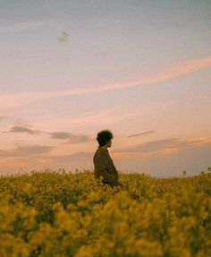 a young man standing in a field of yellow flowers at sunset with the sun setting behind him