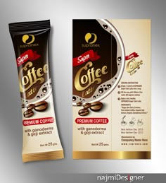 two packages of coffee with gold foil on the front and back, side by side