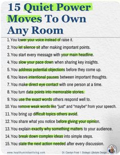 a white paper with the words 15 quiet power moves to own any room on it