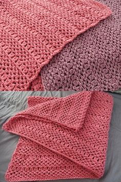 three crocheted blankets laying on top of each other next to a pillow and blanket