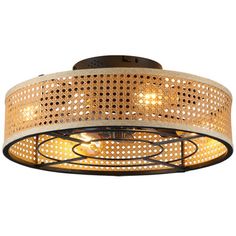 a round light fixture with an intricate design on the top and bottom, hanging from a ceiling