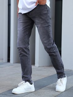 Dark Grey    Denim Plain Slim Straight Embellished Medium Stretch  Men Denim Dark Grey Jeans Outfit Men, Men Formal Outfit Classy, Men Formal Outfit, Mens Dark Jeans, Grey Jeans Men, Grey Jeans Outfit, Streetwear Men, Dark Grey Jeans, Casual Street Wear