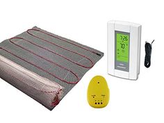 a heating mat, thermostaer, and an alarm clock are on display