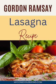 lasagna recipe on a plate with basil leaves