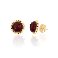 "This cute pair of Garnet Stud Earrings for women is must have. Burgundy hued cabochons are set in polished 14K Gold Filled Metal. Secures with push backs. Come in three sizes. The perfect pair of everyday Garnet Stud Earrings. AA Quality burgundy hued cabochons are framed in a bead accented polished 14K Gold Filled Metal. Secures with push backs. Secure with push backs. Come in three sizes. A jewelry box must have - wear them from desk to dinner, vacations or weddings. Versatility and classic s Garnet Earring, 2nd Anniversary Gifts, Usa Jewelry, Pearl Necklace Set, 2nd Anniversary, Garnet Jewelry, Anniversary Jewelry, January Birthstone, Garnet Earrings