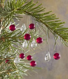 christmas ornaments hanging from a pine tree branch