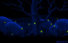 an old computer game with glowing lights in the trees