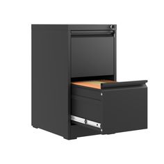 a black filing cabinet with two drawers on the bottom and one drawer in the middle