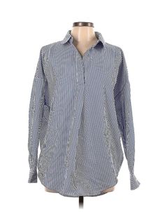 T Tahari Long Sleeve Button Down Shirt Size: Large Tops - used. 61% COTTON, 34% POLYESTER, 5% SPANDEX, Stripes | T Tahari Long Sleeve Button Down Shirt: Blue Stripes Tops - Size Large Blue Shirt With Placket And Shirttail Hem, Blue Tops With Placket And Shirttail Hem, Blue Striped Top, Blue Long Sleeve, Small Tops, Striped Long Sleeve, Blue Stripes, Button Downs, Sleeve Blouse