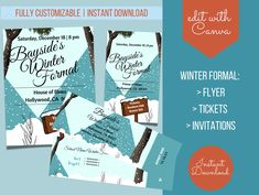 the flyer for winter formal event with trees and snowflakes in blue, orange and white