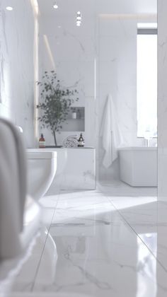 an all white bathroom with marble floors and walls, along with a plant in the corner