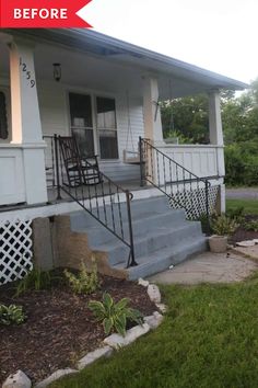 before and after photo of a front porch with steps leading up to the house,