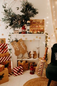 a living room decorated for christmas with presents