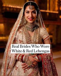 a woman in a bridal dress with the words real brides who wore white and red