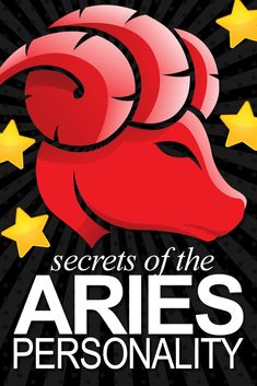 the secrets of the aries personality logo on a black background with stars around it