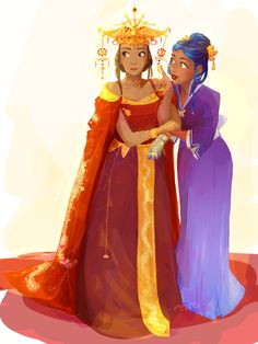 two women dressed as princesses standing next to each other