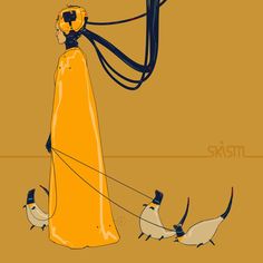 a woman walking two dogs on a leash with a camera attached to her head and wearing a yellow dress