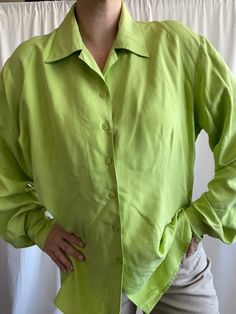 Lime green oversize shirt from 100 % silk . Labeled ad size D 44, F 46. Would fit from M oversize to XL . Chest 120 cm, length 68 cm, shoulders 45 cm . Perfect condition Trendy Fitted Button-up Shirt, Chic Fall Shirt With Collared Neckline, Oversized Long Sleeve Shirt For Summer, Plain Oversized Spring Shirt, Oversized Long Sleeve Summer Tops, Trendy Long Sleeve Flannel Shirt, Relaxed Fit Tops With Collared Neckline In Solid Color, Solid Collared Neckline Tops With Relaxed Fit, Solid Color Tops With Collared Neckline And Relaxed Fit