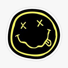 a black and yellow smiley face sticker