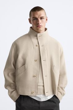 LINEN - COTTON JACKET - Beige | ZARA United States Light Jacket Outfit Men, 2025 Mens Fashion, Casual Pea Coat With Stand Collar And Pockets, Casual Stand Collar Pea Coat With Pockets, Neutral Linen Outerwear With Welt Pockets, Tailored Linen Sport Coat For Winter, Winter Linen Blazer With Welt Pockets, Tailored Linen Winter Outerwear, Beige Linen Blazer With Patch Pockets