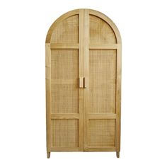 an arched wooden door with wicker panels on the front and side doors, in natural wood