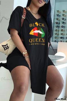 Olivia Mark - Womens Elegant V-Neck Two-Piece Short Sleeve T-Shirt with Lip Print - Black Casual Wear Black V-neck Top With Letter Print, Black Graphic Print V-neck Top, Black V-neck T-shirt For Summer, Black V-neck T-shirt With Graphic Print, Black V-neck Loungewear Top, Two Piece Short Set, Coffee Fashion, Teenage Fashion, Lips Print