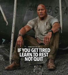 a man sitting in front of a helicopter with the caption if you get tired learn to rest not out