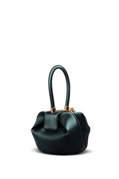 Demi Bag in Emerald Satin Elegant Satchel Bucket Bag For Party, Elegant Satchel With Top Handle And Fold Over Clasp, Elegant Top Handle Satchel With Fold Over Clasp, Elegant Formal Satchel With Fold Over Clasp, Elegant Box Bag With Round Handle For Formal Occasions, Versatile Evening Bag With Top Handle, Versatile Top Handle Evening Satchel, Versatile Evening Satchel With Top Handle, Versatile Top Handle Satchel For Evening