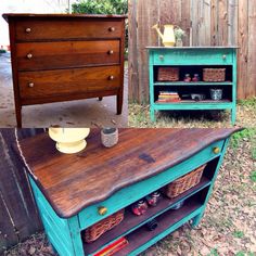 an old dresser with baskets on it next to a wooden chest