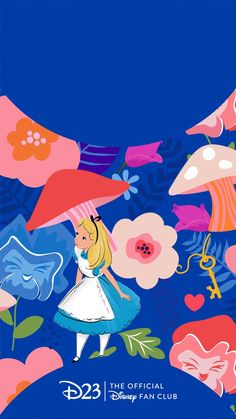 a cartoon character holding an umbrella in front of flowers and hearts on a blue background