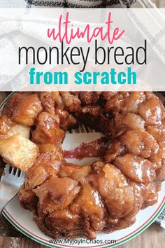 the ultimate monkey bread from scratch is ready to be eaten with a fork and knife