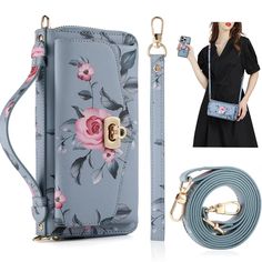 a woman holding a cell phone next to a flowered wallet case and lanyard