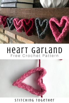 crocheted hearts hanging from a mantle with text overlay reading heart garland free crochet pattern