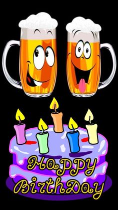 two mugs filled with beer and candles on top of a cake that says happy birthday