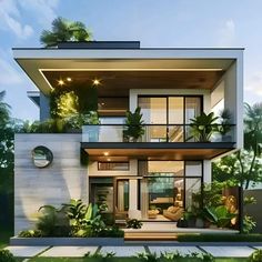 a modern house with lots of windows and plants