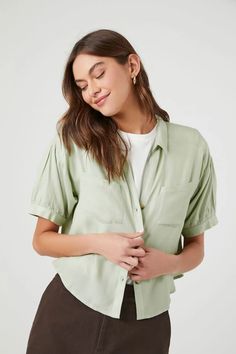 Pleated Puff-Sleeve Shirt Solid Short Sleeve Shirt For Spring, Fall Short Sleeve Blouse With Button Cuffs, Collared Short Sleeve Shirt For Spring Casual Gatherings, Casual Short Sleeve Blouse With Pockets, Cotton Short Sleeve Blouse With Pockets, Casual Short Sleeve Blouse For Fall, Casual Short Sleeve Fall Blouse, Cotton Blouse With Pockets And Short Sleeves, Solid Short Sleeve Shirt For Day Out