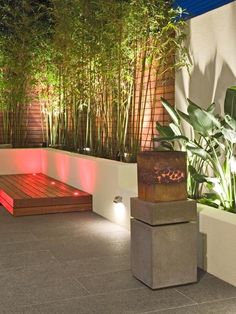 an outdoor area with plants and lights on the walls, along with a wooden bench