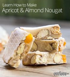 an orange and almond nougat with the words learn how to make apricot & almond nougat