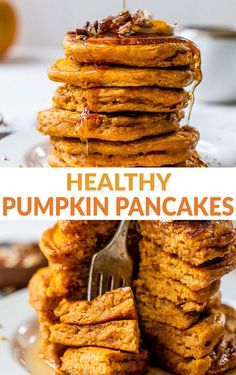 healthy pumpkin pancakes stacked on top of each other