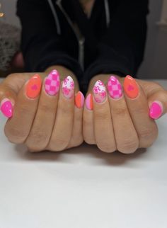 Nail Ideas Designs Summer, Nails With Different Designs On Each Hand, Pink Nail Patterns, Happy Nail Ideas, Fun Nail Designs Pink, Cute Nail Patterns, Crazy Fun Nail Designs, Summer Nails Funky, How To Paint Checkered Nails