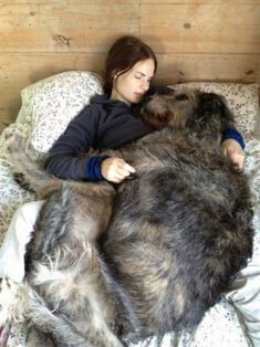 a woman laying on top of a bed next to a dog