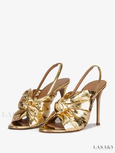 Lasaky - Exquisite Metallic PU Leather High Heel Sandals: Elegant Gold Prom Shoes with a Knotted Slingback and Open Toe Perfect for Stylish Party Attire Gold Prom Shoes, Gold High Heel Sandals, Gold High Heels, Bow Women, Womens Gladiator Sandals, High Heel Mules, Heeled Mules Sandals, Open Toe High Heels, Heel Mules