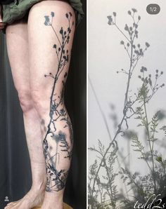 a woman's legs with flowers and leaves tattooed on them