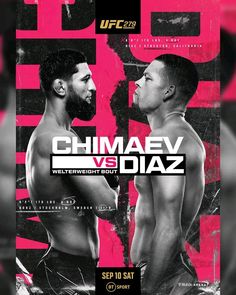 two men standing next to each other in front of a pink and black background with the words chimaev vs diaz on it