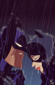 batman and catwoman kissing in the rain