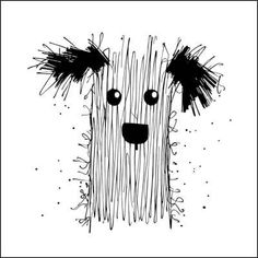 a black and white drawing of a dog's face with hair on its head