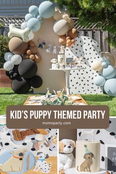 a kid's puppy themed party with balloons and decorations