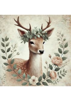 a painting of a deer with flowers and leaves on it's head, surrounded by greenery