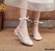 Olivia Mark - Embroidered Floral Fabric Low-Heeled Sandals - Womens Single Shoes Summer Wedding Heels With Floral Embroidery, White Floral Embroidered Closed Toe Heels, White Floral Embroidery Closed Toe Heels, White Embroidered Round Toe Heels, Summer Wedding Embroidered Heels, White Embroidered Summer Heels, Embroidered Low Heel Spring Heels, Low Heel Embroidered Heels For Spring, Floral Embroidered Low Heel Spring Heels