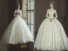 two pictures of the same wedding dress, one in white and one in ivory with long sleeves